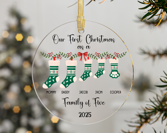 Personalized Acrylic Family Christmas Ornament – Our First Christmas as a Family of Five | Custom Stockings with Names & Year