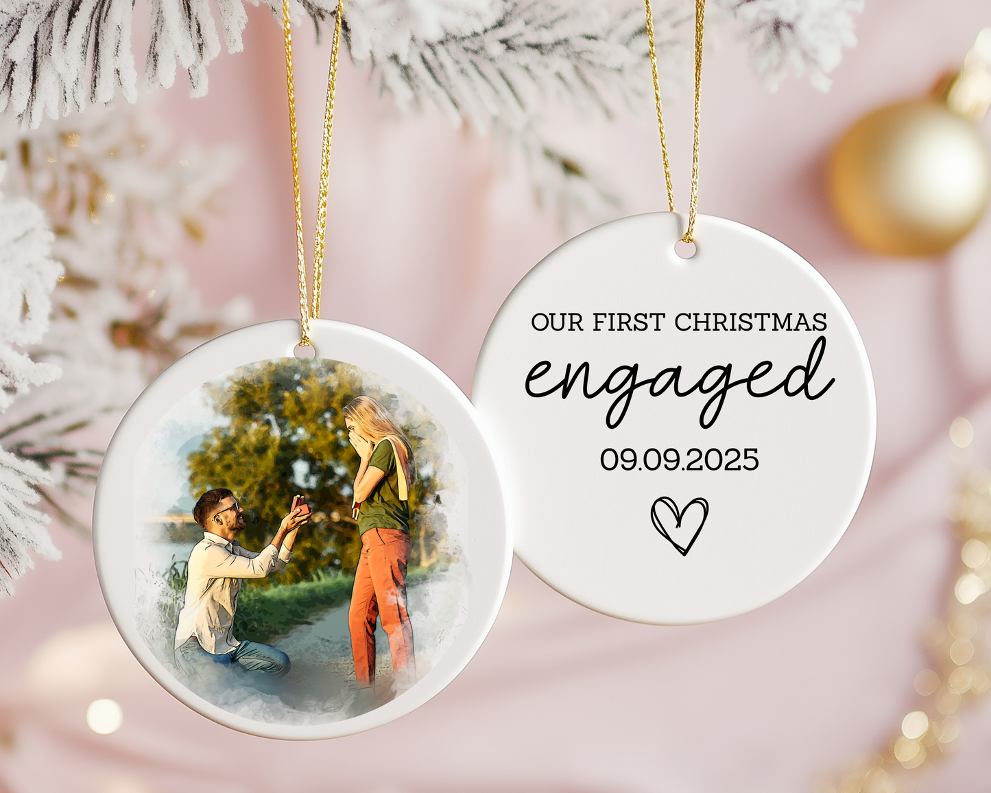 Personalized Engagement Ornament 2025 – Our First Christmas Engaged, Custom Photo Ornament, Couple Keepsake Gift, Engaged Christmas Ornament, Ceramic Ornament