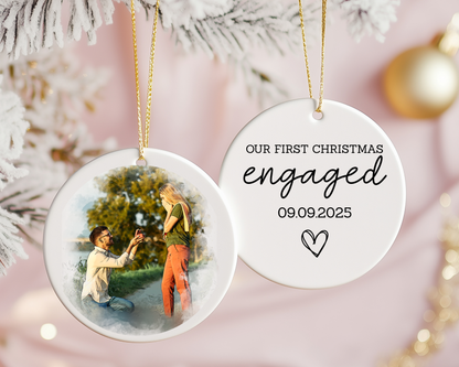 Personalized Engagement Ornament 2025 – Our First Christmas Engaged, Custom Photo Ornament, Couple Keepsake Gift, Engaged Christmas Ornament, Ceramic Ornament