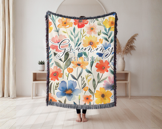 Personalized Grandma Blanket – Floral Woven Blanket, Custom Grammy Blanket Est. Year, New Grandma Gift, Mother’s Day Gift, Christmas Gift for Grandma