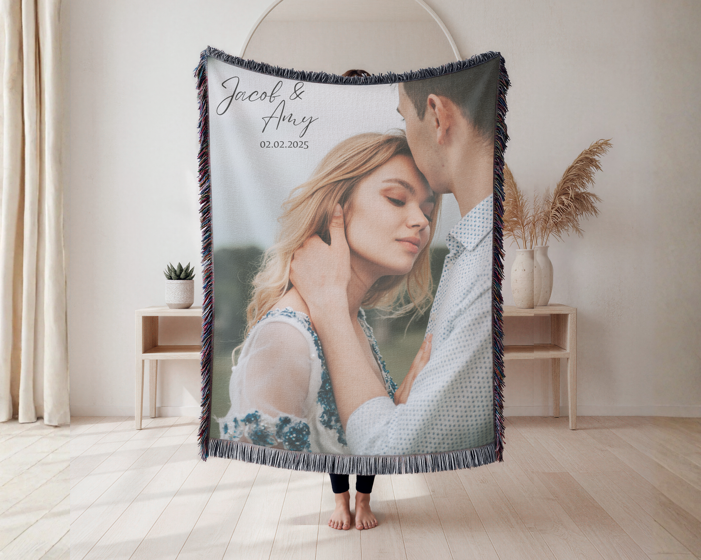 Personalized Couple Blanket – Custom Photo Blanket, Wedding Gift for Couple, Anniversary Gift, Valentine’s Day Gift, Woven Blanket with Names and Date