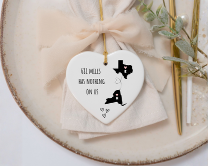 Personalized Long Distance Ornament – Custom State Map Ornament, Best Friend Ornament, Couple Christmas Gift, Long Distance Relationship Gift, Heart Ceramic Ornament