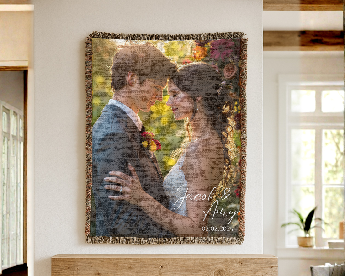 Personalized Couple Blanket – Custom Photo Blanket, Wedding Gift for Couple, Anniversary Gift, Valentine’s Day Gift, Woven Blanket with Names and Date