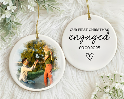 Personalized Engagement Ornament 2025 – Our First Christmas Engaged, Custom Photo Ornament, Couple Keepsake Gift, Engaged Christmas Ornament, Ceramic Ornament