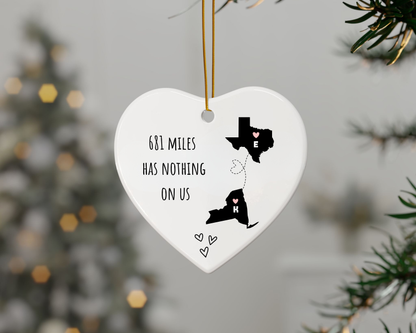 Personalized Long Distance Ornament – Custom State Map Ornament, Best Friend Ornament, Couple Christmas Gift, Long Distance Relationship Gift, Heart Ceramic Ornament