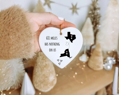 Personalized Long Distance Ornament – Custom State Map Ornament, Best Friend Ornament, Couple Christmas Gift, Long Distance Relationship Gift, Heart Ceramic Ornament
