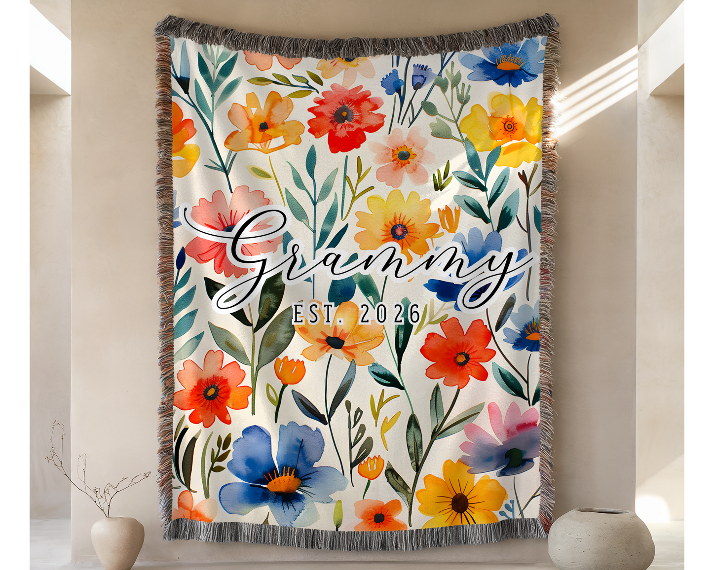 Personalized Grandma Blanket – Floral Woven Blanket, Custom Grammy Blanket Est. Year, New Grandma Gift, Mother’s Day Gift, Christmas Gift for Grandma