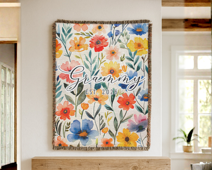 Personalized Grandma Blanket – Floral Woven Blanket, Custom Grammy Blanket Est. Year, New Grandma Gift, Mother’s Day Gift, Christmas Gift for Grandma