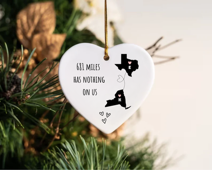 Personalized Long Distance Ornament – Custom State Map Ornament, Best Friend Ornament, Couple Christmas Gift, Long Distance Relationship Gift, Heart Ceramic Ornament
