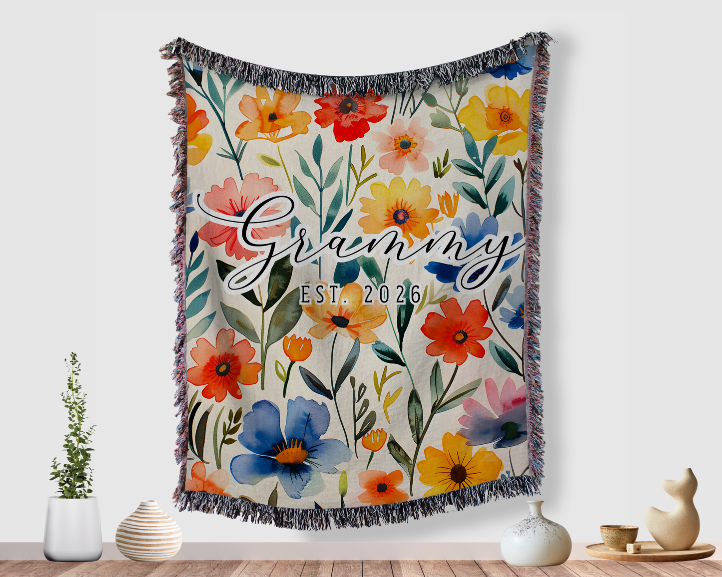 Personalized Grandma Blanket – Floral Woven Blanket, Custom Grammy Blanket Est. Year, New Grandma Gift, Mother’s Day Gift, Christmas Gift for Grandma