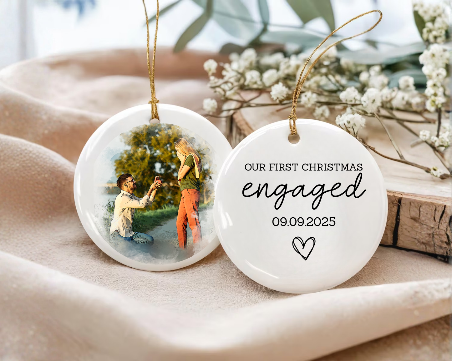 Personalized Engagement Ornament 2025 – Our First Christmas Engaged, Custom Photo Ornament, Couple Keepsake Gift, Engaged Christmas Ornament, Ceramic Ornament